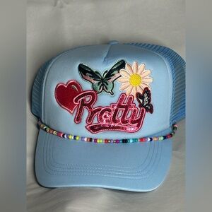 Embroidered Blue Trucker Hat with Beaded Detail Pretty